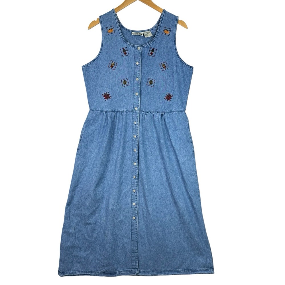 Northern Reflections Denim Midi Dress Embroidered Harvest Motif Button Front